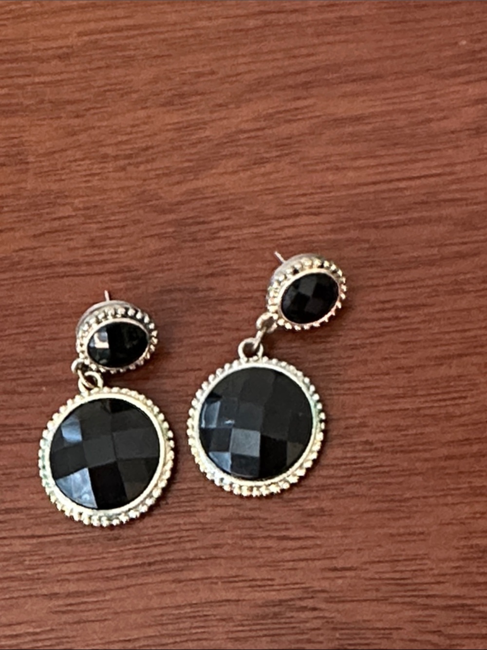Fashion Jewelry Black Faceted Drop Earrings with Silver-Tone Accents